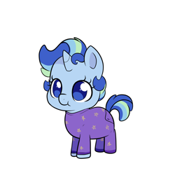 Size: 1300x1300 | Tagged: safe, artist:little-tweenframes, derpibooru import, oc, oc only, oc:sparkling sapphire, pony, unicorn, series:sciset diary, :t, answer, baby, baby pony, blueberry, clothes, cute, deleted from derpibooru, female, foal, food, footed sleeper, hnnng, magical lesbian spawn, ocbetes, offspring, pajamas, parent:sci-twi, parent:sunset shimmer, parents:scitwishimmer, simple background, smiling, solo, white background