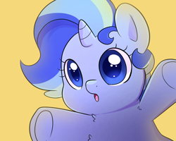 Size: 1000x800 | Tagged: safe, artist:little-tweenframes, derpibooru import, oc, oc only, oc:sparkling sapphire, pony, unicorn, :o, baby, baby pony, chest fluff, cute, deleted from derpibooru, female, filly, hnnng, leg fluff, little-tweenframes is trying to murder us, looking at you, magical lesbian spawn, offspring, open mouth, parent:sci-twi, parent:sunset shimmer, parents:scitwishimmer, simple background, solo, underhoof, upsies, yellow background