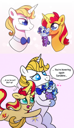 Size: 1000x1720 | Tagged: safe, artist:carouselunique, artist:honeycrisp-tales, artist:little-tweenframes, derpibooru import, prince blueblood, sunset shimmer, oc, oc:sparkling sapphire, pony, unicorn, collaboration, series:sciset diary, baby, baby pony, deleted from derpibooru, dialogue, equestria girls ponified, female, magical lesbian spawn, male, mare, offspring, parent:sci-twi, parent:sunset shimmer, parents:scitwishimmer, ponified, smiling, stallion