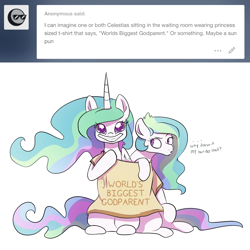 Size: 1300x1300 | Tagged: safe, artist:little-tweenframes, derpibooru import, princess celestia, principal celestia, alicorn, earth pony, pony, series:sciset diary, equestria girls, ask, deleted from derpibooru, duo, equestria girls ponified, excited, female, grin, looking at you, mare, ponified, self ponidox, smiling, tumblr