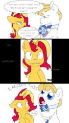 Size: 1080x1920 | Tagged: safe, artist:little-tweenframes, derpibooru import, prince blueblood, sunset shimmer, oc, oc:sparkling sapphire, pony, unicorn, series:sciset diary, baby, baby pony, comic, deleted from derpibooru, dialogue, equestria girls ponified, faic, female, magical lesbian spawn, mother and child, mother and daughter, offspring, parent and child, parent:sci-twi, parent:sunset shimmer, parents:scitwishimmer, ponified