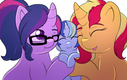 Size: 1280x806 | Tagged: safe, artist:bluememe, artist:little-tweenframes, derpibooru import, sci-twi, sunset shimmer, twilight sparkle, oc, oc:sparkling sapphire, pony, unicorn, collaboration, series:sciset diary, baby, baby pony, deleted from derpibooru, equestria girls ponified, eyes closed, female, lesbian, magical lesbian spawn, mare, offspring, parent:sci-twi, parent:sunset shimmer, parents:scitwishimmer, ponified, scitwishimmer, shipping, smiling, sunsetsparkle