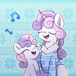 Size: 1000x1000 | Tagged: safe, artist:little-tweenframes, derpibooru import, sweetie belle, pony, unicorn, series:sciset diary, clothes, deleted from derpibooru, duality, duet, equestria girls ponified, eyes closed, female, filly, music notes, older, ponified, self paradox, self ponidox, singing, smiling, sweater