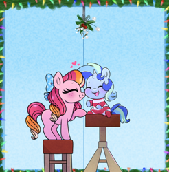 Size: 540x548 | Tagged: safe, artist:carouselunique, artist:little-tweenframes, derpibooru import, oc, oc only, oc:honeycrisp blossom, oc:sparkling sapphire, pony, collaboration, series:sciset diary, baby, baby pony, bow, deleted from derpibooru, hair bow, holly, holly mistaken for mistletoe, magical lesbian spawn, mistleholly, mistletoe, mistletoe meme, offspring, parent:big macintosh, parent:princess cadance, parent:sci-twi, parent:sunset shimmer, parents:cadmac, parents:scitwishimmer