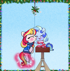 Size: 1085x1100 | Tagged: safe, alternate version, artist:carouselunique, artist:little-tweenframes, derpibooru import, oc, oc only, oc:ma belle danseuse, oc:sparkling sapphire, collaboration, series:sciset diary, deleted from derpibooru, holly, holly mistaken for mistletoe, honeycrisp tales, implied sunset shimmer, kissing, levitation, magic, magical lesbian spawn, mistleholly, mistletoe, mistletoe meme, offspring, parent:sci-twi, parent:sunset shimmer, parents:moonblood, parents:scitwishimmer, self-levitation, telekinesis