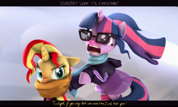 Size: 9600x5750 | Tagged: safe, artist:imafutureguitarhero, artist:little-tweenframes, derpibooru import, sci-twi, sunset shimmer, twilight sparkle, pony, unicorn, collaboration, series:sciset diary, equestria girls, 3d, absurd resolution, adaptation, adidas, boots, clothes, cute, deleted from derpibooru, dress, duo, equestria girls ponified, female, film grain, glasses, handwriting, hoodie, jacket, leather jacket, lesbian, long mane, mare, open mouth, ponified, recursive fanart, red nosed, scarf, scitwishimmer, see-through, shipping, shoes, signature, snow, source filmmaker, sunsetsparkle, talking, tracksuit