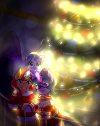 Size: 1280x1608 | Tagged: safe, artist:jonfawkes, artist:little-tweenframes, derpibooru import, sci-twi, sunset shimmer, twilight sparkle, oc, oc:sparkling sapphire, pony, unicorn, collaboration, series:sciset diary, :o, baby, baby pony, christmas, christmas tree, clothes, cute, deleted from derpibooru, equestria girls ponified, female, glasses, holiday, lesbian, magical lesbian spawn, mare, ocbetes, offspring, open mouth, parent:sci-twi, parent:sunset shimmer, parents:scitwishimmer, ponified, scitwishimmer, shipping, sunsetsparkle, sweater, tree