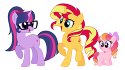 Size: 1754x985 | Tagged: safe, artist:carouselunique, artist:little-tweenframes, derpibooru import, sci-twi, sunset shimmer, twilight sparkle, oc, oc:honeycrisp blossom, earth pony, pony, unicorn, collaboration, series:sciset diary, blank flank, bow, deleted from derpibooru, female, filly, freckles, hair bow, lesbian, offspring, parent:big macintosh, parent:princess cadance, parents:cadmac, scitwishimmer, shipping, show accurate, simple background, sunsetsparkle, vector, white background