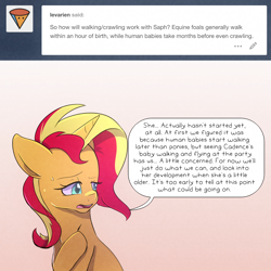 Size: 1300x1300 | Tagged: safe, artist:little-tweenframes, derpibooru import, sunset shimmer, series:sciset diary, adult fear, answer, deleted from derpibooru, female, implied magical lesbian spawn, implied sparkling sapphire, mother, question, worried