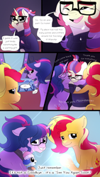 Size: 1080x1920 | Tagged: safe, artist:little-tweenframes, derpibooru import, moondancer, sci-twi, sunset shimmer, twilight sparkle, oc, oc:sparkling sapphire, pony, unicorn, comic:portal sweet portal, series:sciset diary, baby, baby pony, clothes, comic, crying, deleted from derpibooru, equestria girls ponified, feels, female, lesbian, magic mirror, magical lesbian spawn, offspring, parent:sci-twi, parent:sunset shimmer, parents:scitwishimmer, ponified, scitwishimmer, shipping, sunsetsparkle