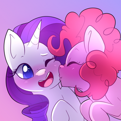 Size: 2000x2000 | Tagged: safe, artist:little-tweenframes, derpibooru import, pinkie pie, rarity, earth pony, pony, unicorn, blushing, cute, deleted from derpibooru, diapinkes, female, kiss on the cheek, kissing, lesbian, mare, raribetes, raripie, shipping, smiling