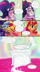 Size: 1080x1920 | Tagged: safe, artist:carouselunique, artist:little-tweenframes, derpibooru import, sci-twi, sunset shimmer, twilight sparkle, oc, oc:sparkling sapphire, pony, unicorn, collaboration, comic:portal sweet portal, series:sciset diary, equestria girls, clothes, comic, deleted from derpibooru, dialogue, female, lesbian, magic mirror, magical lesbian spawn, offspring, parent:sci-twi, parent:sunset shimmer, parents:scitwishimmer, scitwishimmer, shipping, speech bubble, sunsetsparkle