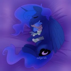 Size: 1000x1000 | Tagged: safe, artist:little-tweenframes, derpibooru import, princess luna, oc, bat pony, pony, baby, baby pony, bat pony oc, commission, deleted from derpibooru, offspring, parent:princess luna, sleeping, smiling