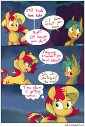 Size: 1280x1920 | Tagged: safe, artist:kryptchild, artist:little-tweenframes, derpibooru import, snails, sunset shimmer, pony, unicorn, collaboration, comic:portal sweet portal, series:sciset diary, ask glitter shell, cloud, comic, deleted from derpibooru, glitter shell, nervous, outdoors, rain, speech bubble, storm, stormcloud, thought bubble, tree