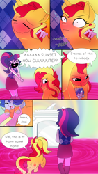 Size: 1080x1920 | Tagged: safe, artist:little-tweenframes, derpibooru import, sci-twi, sunset shimmer, twilight sparkle, oc, oc:sparkling sapphire, pony, unicorn, comic:portal sweet portal, series:sciset diary, equestria girls, blushing, comic, cute, deleted from derpibooru, embarrassed, female, floppy ears, lesbian, magical lesbian spawn, nose wrinkle, offspring, parent:sci-twi, parent:sunset shimmer, parents:scitwishimmer, scitwishimmer, scrunchy face, shimmerbetes, shipping, statue, sunsetsparkle, tsundere, tsunset shimmer