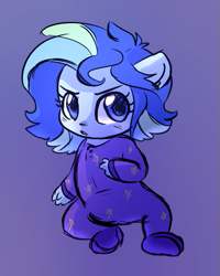 Size: 473x591 | Tagged: safe, artist:little-tweenframes, derpibooru import, oc, oc:sparkling sapphire, series:sciset diary, equestria girls, baby, clothes, deleted from derpibooru, looking at you, magical lesbian spawn, offspring, pajamas, parent:sci-twi, parent:sunset shimmer, parents:scitwishimmer, ponied up, simple background