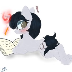 Size: 900x900 | Tagged: safe, artist:wulfieshydev, oc, oc only, oc:corvinia, unicorn, blushing, book, exclamation point, female, freckles, glasses, magic, pencil, underhoof