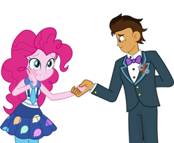 Size: 1280x1053 | Tagged: safe, artist:the golden boy, pinkie pie, oc, oc:copper plume, equestria girls, friendship games, canon x oc, clothes, copperpie, equestria girls-ified, female, freckles, glasses, male, pants, self insert, shipping, simple background, smiling, straight, suit, transparent background, vector