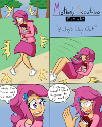 Size: 800x1000 | Tagged: safe, artist:jake heritagu, artist:little-tweenframes, derpibooru import, scootaloo, oc, oc:lightning blitz, human, collaboration, comic:ask motherly scootaloo, comic:baby's day out, series:sciset diary, equestria girls, baby, clothes, comic, deleted from derpibooru, equestria girls-ified, female, hairpin, male, mother and child, mother and son, motherly scootaloo, offspring, older, older scootaloo, parent and child, parent:rain catcher, parent:scootaloo, parents:catcherloo, shocked, speech bubble, sweatshirt, tree