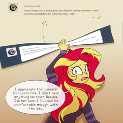 Size: 1600x1600 | Tagged: safe, artist:little-tweenframes, derpibooru import, sunset shimmer, series:sciset diary, equestria girls, ask, deleted from derpibooru, female, solo, tumblr