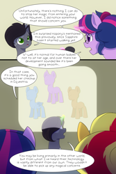 Size: 1000x1500 | Tagged: safe, artist:little-tweenframes, derpibooru import, sci-twi, sunset shimmer, twilight sparkle, oc, oc:dr bayley, earth pony, pegasus, pony, unicorn, comic:homing in place, series:sciset diary, comic, deleted from derpibooru