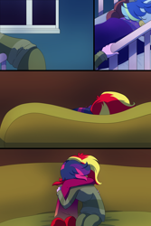 Size: 1000x1500 | Tagged: safe, artist:little-tweenframes, derpibooru import, sci-twi, sunset shimmer, twilight sparkle, oc, oc:sparkling sapphire, comic:homing in place, series:sciset diary, equestria girls, baby, bed, clothes, comforting, comic, crib, crying, cute, deleted from derpibooru, female, hug, lesbian, magical lesbian spawn, night, offspring, onesie, pacifier, pajamas, parent:sci-twi, parent:sunset shimmer, parents:scitwishimmer, sad, scitwishimmer, shipping, sleeping, sofa, stars, sunsetsparkle, tragedy, window