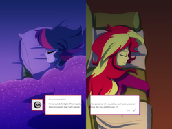 Size: 1024x768 | Tagged: safe, artist:little-tweenframes, derpibooru import, sci-twi, sunset shimmer, twilight sparkle, comic:homing in place, series:sciset diary, equestria girls, alternate hairstyle, bed, blanket, clothes, comic, deleted from derpibooru, female, lesbian, pajamas, pillow, sad, scitwishimmer, shipping, sleeping, sofa, sunsetsparkle