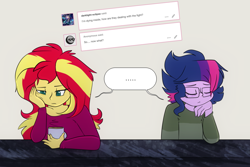 Size: 1024x683 | Tagged: safe, artist:little-tweenframes, derpibooru import, sci-twi, sunset shimmer, twilight sparkle, series:sciset diary, equestria girls, alternate hairstyle, clothes, comic, cup, deleted from derpibooru, female, glasses, lesbian, melancholy, mug, pajamas, sad, scitwishimmer, shipping, silence, sunsetsparkle, sweater, table