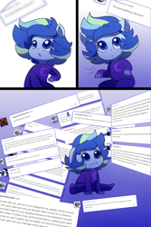 Size: 1000x1500 | Tagged: safe, artist:little-tweenframes, derpibooru import, oc, oc only, oc:sparkling sapphire, series:sciset diary, equestria girls, baby, clothes, comic, crying, cute, deleted from derpibooru, drama, equestria girls-ified, female, magical lesbian spawn, moon, ocbetes, offspring, onesie, pajamas, parent:sci-twi, parent:sunset shimmer, parents:scitwishimmer, ponied up, pony ears, sad, sad eyes, solo, tearing up, tumblr