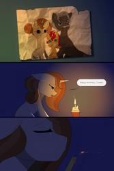 Size: 3000x4500 | Tagged: safe, artist:little-tweenframes, derpibooru import, burnt oak, sunset shimmer, pony, series:sciset diary, candle, cinnamon chai, comic, cupcake, deleted from derpibooru, eyes closed, family photo, female, food, male, mare, picture, sad, stallion