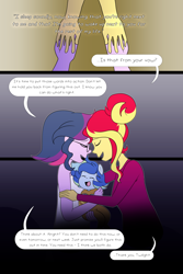 Size: 1000x1500 | Tagged: safe, artist:little-tweenframes, derpibooru import, sci-twi, sunset shimmer, twilight sparkle, oc, oc:sparkling sapphire, comic:ignition, series:sciset diary, equestria girls, baby, comic, deleted from derpibooru, dialogue, family, female, holding hands, implied aria blaze, lesbian, magical lesbian spawn, offspring, parent:sci-twi, parent:sunset shimmer, parents:scitwishimmer, pony ears, scitwishimmer, shipping, speech bubble, sunsetsparkle
