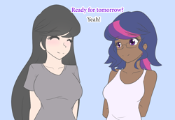 Size: 1280x879 | Tagged: safe, artist:jonfawkes, artist:little-tweenframes, derpibooru import, octavia melody, sci-twi, twilight sparkle, human, collaboration, series:sciset diary, ask human octavia, blackwashing, breasts, cute, dark skin, deleted from derpibooru, eyes closed, female, glasses, humanized, light skin, simple background