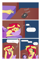 Size: 1000x1500 | Tagged: safe, artist:little-tweenframes, derpibooru import, sci-twi, sunset shimmer, twilight sparkle, comic:aria's archives, comic:rise, series:sciset diary, equestria girls, bed, comic, deleted from derpibooru, implied adagio, phone, sleepy