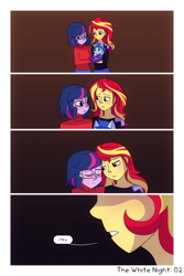 Size: 1000x1500 | Tagged: safe, artist:little-tweenframes, derpibooru import, sci-twi, sunset shimmer, twilight sparkle, oc, oc:sparkling sapphire, comic:the white night, series:sciset diary, equestria girls, baby, comic, deleted from derpibooru, family, female, lesbian, magical lesbian spawn, offspring, parent:sci-twi, parent:sunset shimmer, parents:scitwishimmer, scitwishimmer, shipping, sunsetsparkle