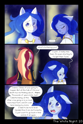 Size: 1000x1500 | Tagged: safe, artist:little-tweenframes, derpibooru import, oc, oc:solar, oc:sparkling sapphire, comic:the white night, series:sciset diary, series:sunlight horizons, equestria girls, comic, deleted from derpibooru, magical lesbian spawn, offspring, parent:sci-twi, parent:sunset shimmer, parents:scitwishimmer