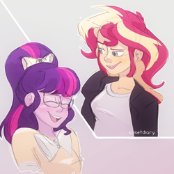 Size: 2000x2000 | Tagged: safe, artist:little-tweenframes, derpibooru import, sci-twi, sunset shimmer, twilight sparkle, series:sciset diary, equestria girls, deleted from derpibooru, female, grease, grease (musical), lesbian, scitwishimmer, shipping, sunsetsparkle