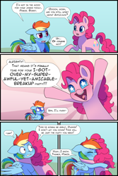 Size: 1280x1920 | Tagged: safe, artist:little-tweenframes, derpibooru import, pinkie pie, rainbow dash, earth pony, pegasus, pony, series:cloudsdale symphony, comic, deleted from derpibooru, dialogue, female, hug, implied appledash, implied lesbian, implied shipping, mare, starry eyes, wingding eyes