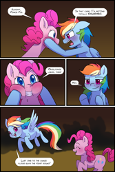 Size: 1080x1620 | Tagged: safe, artist:little-tweenframes, derpibooru import, pinkie pie, rainbow dash, earth pony, pegasus, pony, series:cloudsdale symphony, bar, blushing, comic, deleted from derpibooru, squished face