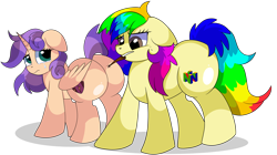 Size: 7500x4200 | Tagged: safe, artist:rainbowtashie, derpibooru import, scootaloo, sweetie belle, oc, oc:rainbow tashie, oc:sweet scooter, earth pony, pegasus, pony, unicorn, butt, commissioner:bigonionbean, crying, cutie mark, extra thicc, female, filly, flank, fusion, fusion:sweet scooter, mare, nom, not an alicorn, plot, pulling, sad, simple background, thorns, transparent background, writer:bigonionbean