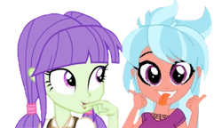 Size: 1239x716 | Tagged: safe, artist:berrypunchrules, derpibooru import, edit, frosty orange, starlight, equestria girls, babbling, background human, female, flapping lips, frostylight, lesbian, shipping, silly, simple background, tongue out, transparent background