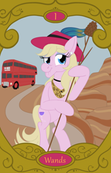 Size: 900x1400 | Tagged: safe, artist:sixes&sevens, derpibooru import, pony, ace of wands, double decker bus, hat, iris wildthyme, pinecone, ponified, tarot card