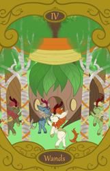 Size: 900x1400 | Tagged: safe, artist:sixes&sevens, derpibooru import, autumn blaze, forest fall, maple brown, sparkling brook, kirin, banner, dancing, four of wands, happy, kirin village, ribbon, tarot card, tree