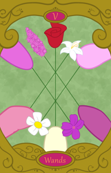 Size: 900x1400 | Tagged: safe, artist:sixes&sevens, derpibooru import, daisy, flower wishes, lily, lily valley, roseluck, oc, oc:hyacinth bouquet, oc:violet potts, daisy (flower), five of wands, flower, hooves, hyacinth, rose, tarot card, violet (flower)