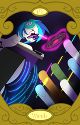 Size: 900x1400 | Tagged: safe, artist:sixes&sevens, derpibooru import, dj pon-3, vinyl scratch, pony, unicorn, glowstick, gritted teeth, headphones, levitation, magic, raised hoof, rave, recording, seven of wands, sunglasses, tarot card, telekinesis