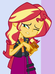 Size: 407x543 | Tagged: safe, derpibooru import, screencap, sunset shimmer, a fine line, better together, equestria girls, cropped, female, phone, solo