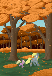 Size: 3000x4400 | Tagged: safe, artist:iron curtain, derpibooru import, derpy hooves, dinky hooves, pegasus, pony, unicorn, autumn, eyes closed, falling leaves, female, filly, foal, forest, leaves, mare, mother and child, mother and daughter, open mouth, painting, parent and child, smiling, tree