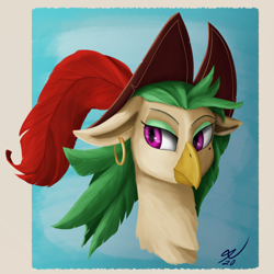 Size: 2160x2160 | Tagged: safe, artist:tenebrisnoctus, derpibooru import, captain celaeno, anthro, my little pony: the movie, beauty mark, bust, ear piercing, earring, female, hat, jewelry, parrot pirates, piercing, pirate, portrait, smiling, solo