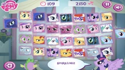 Size: 1279x716 | Tagged: safe, derpibooru import, applejack, cheerilee, fluttershy, pinkie pie, princess cadance, princess celestia, princess luna, queen chrysalis, rainbow dash, rarity, silver spoon, spike, sunset shimmer, twilight sparkle, twilight sparkle (alicorn), twist, alicorn, changeling, changeling queen, dragon, earth pony, pegasus, pony, unicorn, magical mystery cure, clothes, coronation dress, dress, game, hasbro, looking at you, mane six, memory match, official, smiling