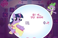 Size: 799x524 | Tagged: safe, derpibooru import, spike, twilight sparkle, twilight sparkle (alicorn), alicorn, dragon, magical mystery cure, clothes, coronation dress, dress, failure, game, looking at you, memory match, mispelling, official, smiling