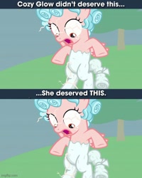 Size: 500x625 | Tagged: safe, derpibooru import, edit, screencap, cozy glow, pegasus, pony, the ending of the end, caption, cozy deserved this, female, filly, image macro, meme, petrification, punish the villain, punishment, text